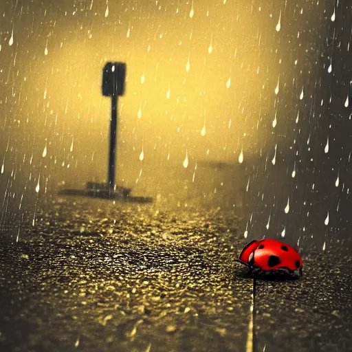 Prompt: a ladybug crawling on a sidewalk, it is night and raining, bushes in the background, moody lighting, peaceful atmosphere, digital art, highly detailed, high contrast, beautiful lighting, award winning, trending on art station, 8 k,