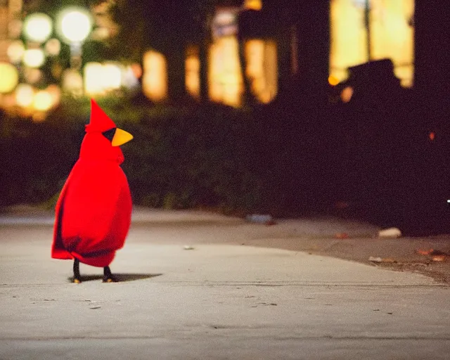 Image similar to photo of iowa state university mascot cy the cardinal wandering the streets of nyc at night, cinestill 8 0 0 t film