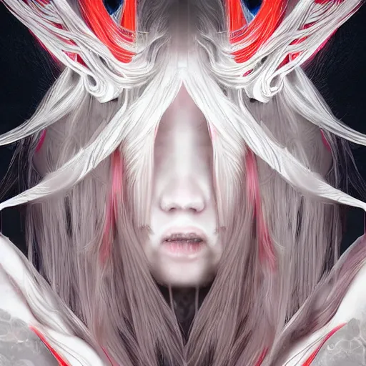 Image similar to albino maiko with very long fantasy hair, dluent composition, red and white neon, concept art, intricate details, highly professionally detailed, cgsociety, highly detailed -