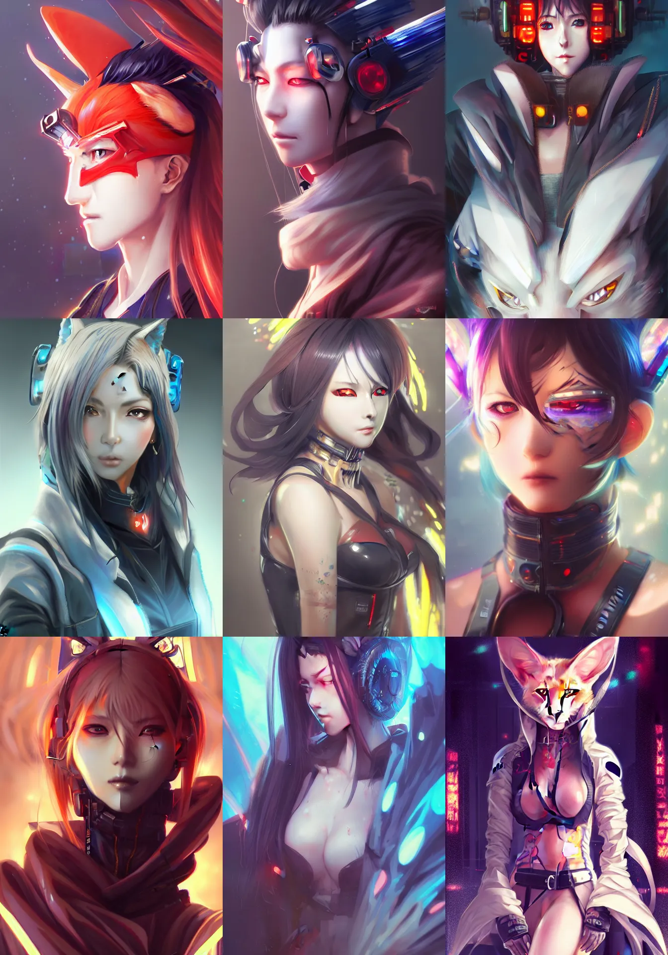 Prompt: A realistic anime portrait of a cyberpunk Kitsune, by Stanley Artgerm Lau, Sakimichan, WLOP and Rossdraws, digtial painting, illustration, trending on ArtStation