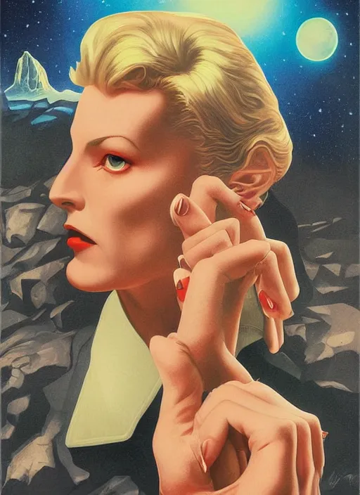 Image similar to twin peaks poster art, old retro pulp, by michael whelan, rossetti bouguereau, artgerm, nostalgic, old fashioned, david bowie floating through the cosmo outer space