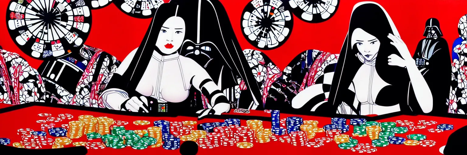 Image similar to hyperrealism composition of the detailed woman in a japanese kimono sitting at an extremely detailed poker table with darth vader and stormtrooper, fireworks on the background, pop - art style, jacky tsai style, andy warhol style, acrylic on canvas