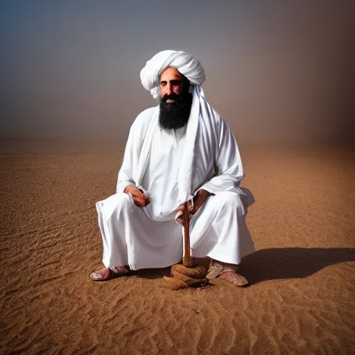 Prompt: 4 k portrait sony a 7 f 2. 8 wide angle of president joe biden as a taliban leader with a beard kneeling shirtless in kuwait with sand storm desert lighting