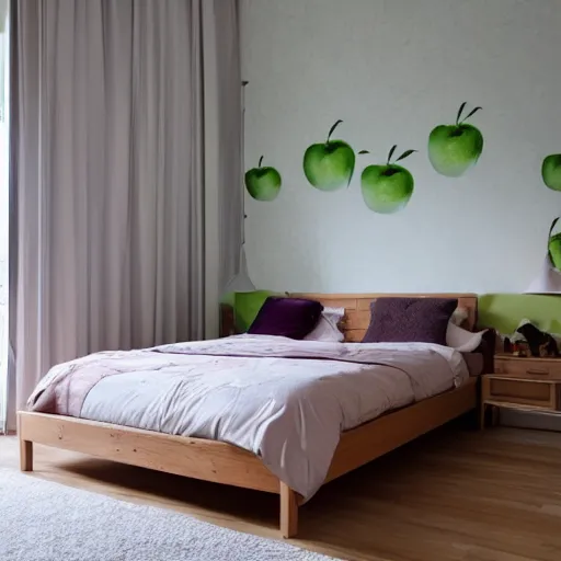 Prompt: photo of a 70's bedroom with a two meters height apple on the bed, soft light