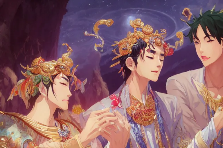 Image similar to close up moment of a divine a japan sun god and a moon goddess lovers magician at a wedding banquet, highly detailed, d & d, fantasy, 4 k realistic, digital painting, trending on artstation, concept art, sharp focus, illustration, art by makoto shinkai and akihiko yoshida and daniel gerhartz