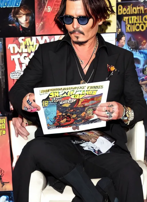 Prompt: johnny depp reading a comic book about a robot from