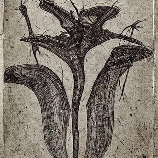 Prompt: An old squetch of an alien plant, by Leonardo da vinci