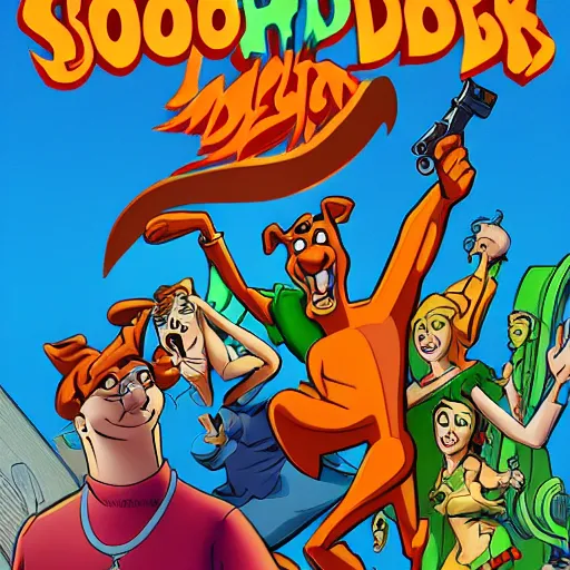 Prompt: Scooby Doo, cover art by stephen Bliss, no text, wearing a bikini, holding a gun, trending on artstation