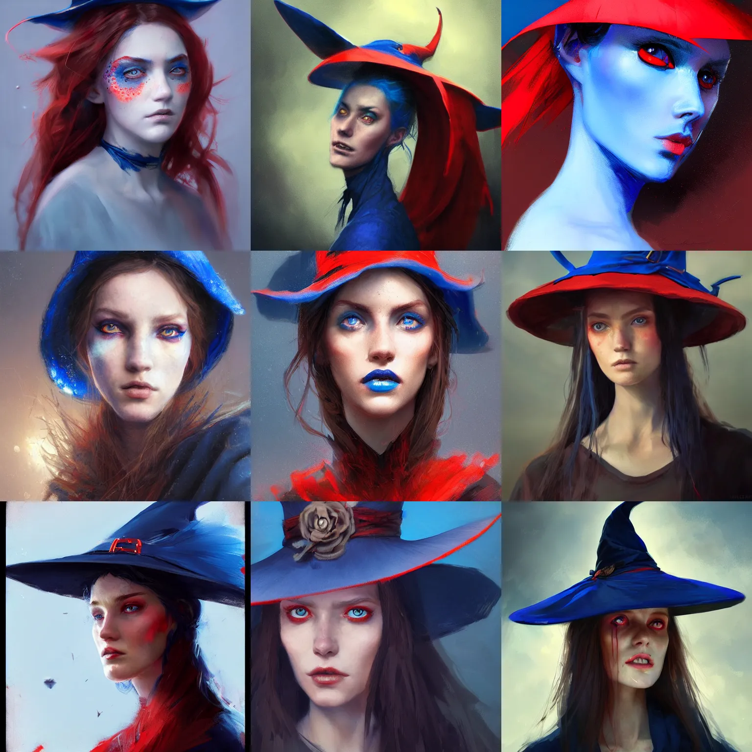 Prompt: a beautiful portrait of a witch, red-eyes, blue-dress and blue-hat, by Greg Rutkowski and Raymond Swanland, Trending on Artstation, ultra realistic digital art