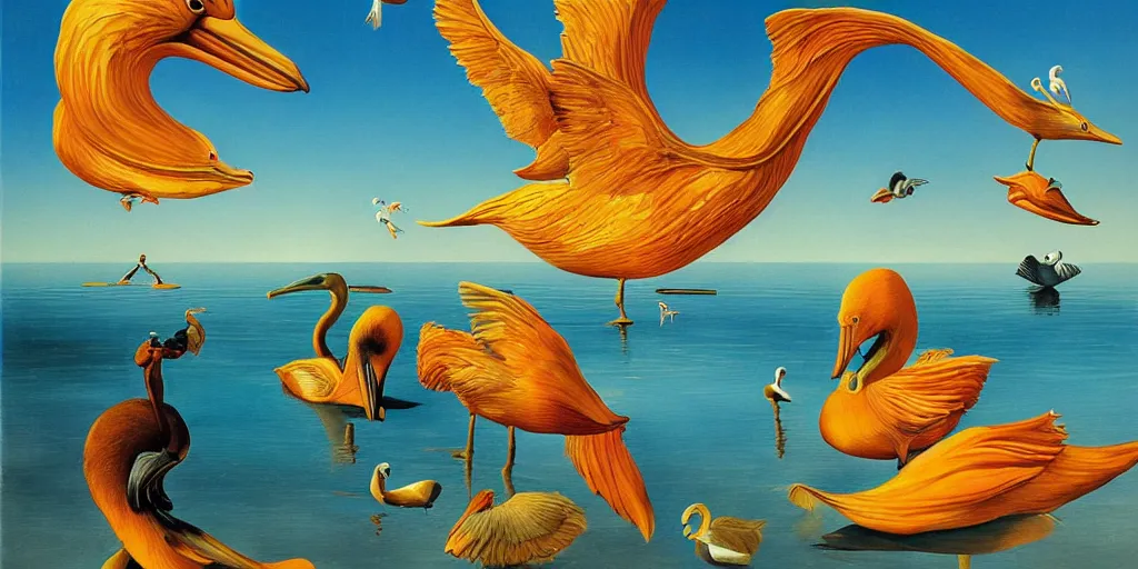 Prompt: floating goldfish, pelicans and a human couple in an alien landscape by salvador dali and gerald brom, hyper realistic