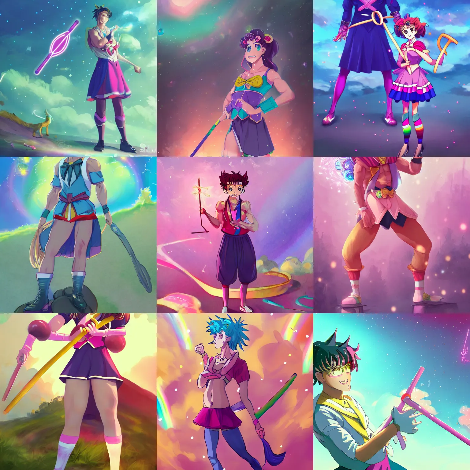 Prompt: crossdressing magical man in anime style, colorful dress, holding wand, fantasy, smile, illustration, body hair, muscular, full body, workout, male, body builder, digital painting, artstation, simon stalenhag, epic, stunning, rainbows, sailor moon, hdr, highly detailed