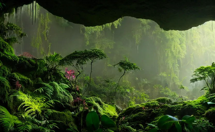 Image similar to a beautiful render of a dark prehistoric rainforest in a humongous cave, lush flora, patches of sky, magenta, green, sunset, floating mountains and a waterfall in the background, intricate detail, hazy, humid, volumetric lighting, 8 k, photorealistic, raytracing effects, unreal engine 5