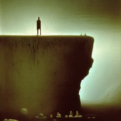 Image similar to a man sits at the edge of a river in the underworld in hades as he waits for the ferryman, charon, greek mythology, beksinski