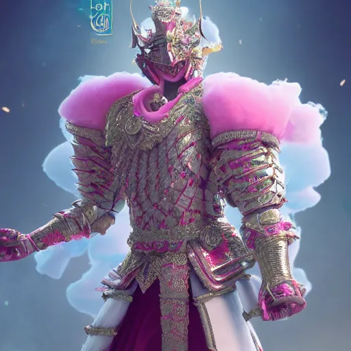 Image similar to a majestic soman wearing an intricate and detailed armor made of candy floss. layers. textures. delicate. elaborate. studio portrait. photorealistic. octane render