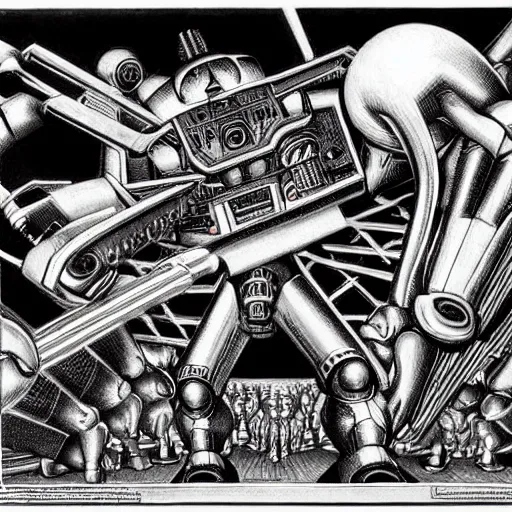 Image similar to combat mecha by m. c. escher, h. r. giger