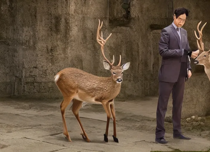 Image similar to a very high resolution image from a new movie, two deer wearing suits are eat instant noodles in a shabby temple