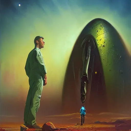 Image similar to a painting of a man standing in front of a giant alien, poster art john berkey and simon stalenhag and gilbert williams, cgsociety, space art, lovecraftian, cosmic horror, poster art