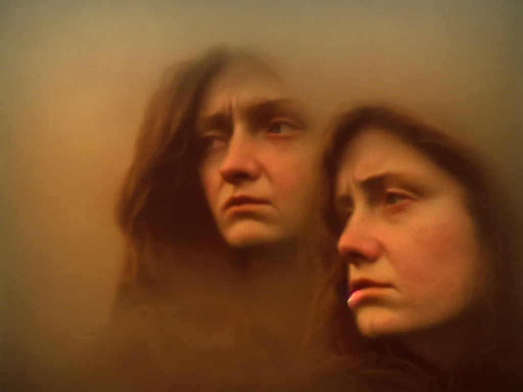 Image similar to close up portrait bust of woman, solemn expression, faded color film, russian cinema, tarkovsky, kodachrome, heavy forest, wood cabin in distance, long brown hair, old clothing, heavy fog, atmospheric haze, brown color palette, sunset, low light, hudson river school, 4 k, dramatic lighting