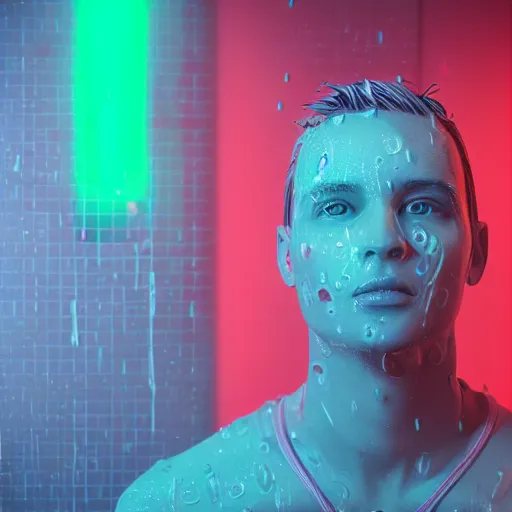 Prompt: a human made out of rain, neon, rendered in octane, unreal engine, highly detailed, realistic, beautiful, emotional, unique