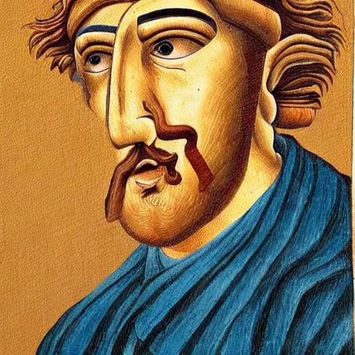 Image similar to portrait of ancient silly greek man with big eyes and sharp nose. fine detail. artistic painting by lurid