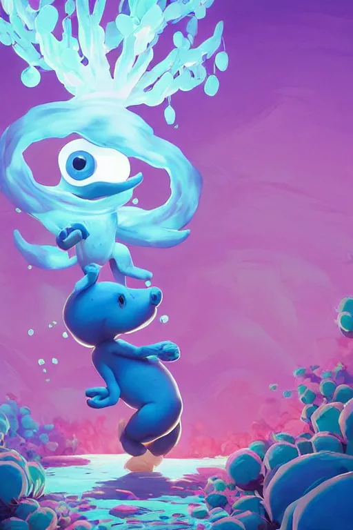 Image similar to smurf ghost creature animal sushi cristal very big eye roots cactus elemental flush of force nature micro world fluo fishscale, behance hd by jesper ejsing, by rhads, makoto shinkai and lois van baarle, ilya kuvshinov, rossdraws radiating a glowing aura global illumination ray tracing hdr