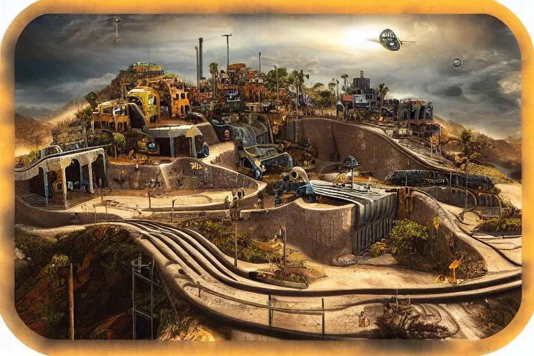 Prompt: favela coaster cathedral bunker, desert environment, industrial factory, cliffs, bright, milky way, award winning art, epic dreamlike fantasy landscape, ultra realistic,