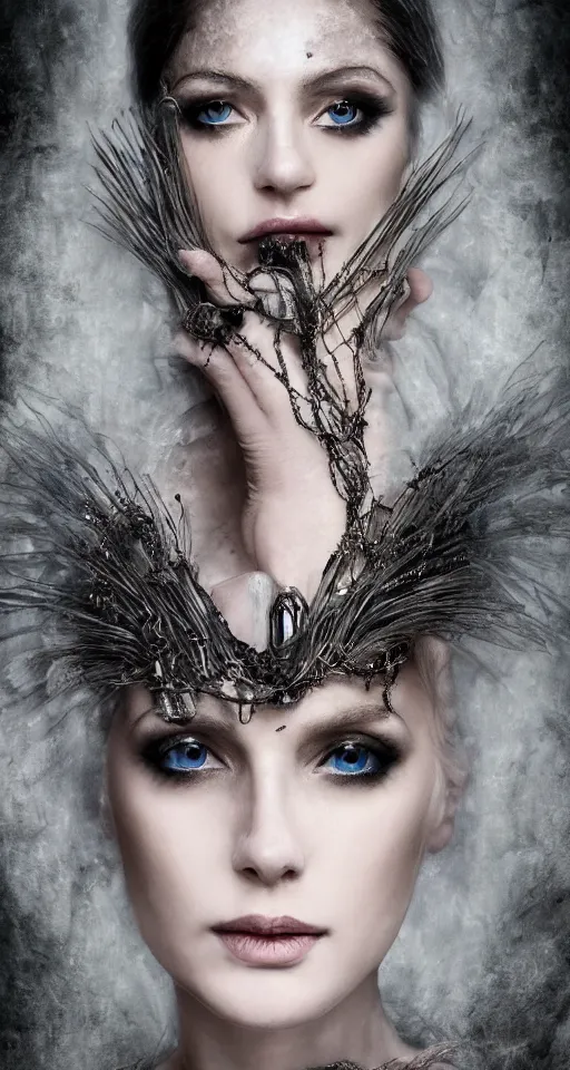 Prompt: a single faced portrait of the enchantress queen with a stunning timeless beauty, breathtaking eyes, perfect skin, feathered eyelashes, royal gothic dress with a lot of leather, heavy silent hill aesthetic, incredibly intricate, digital art, blender, houdini & photoshop, very elegant & complex, hyper-maximalist, overdetailed, epic cinematic quality, biblical art lighting, photorealistic, lifelike, OLED, DSLR HDR 8k, face is the focus, facial feature symmetry, hyper composed, created by Nixeu & z--ed from deviantart