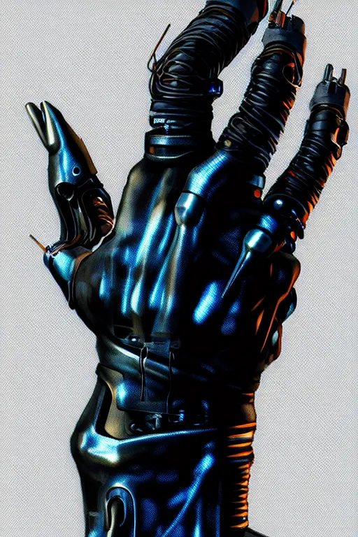 Image similar to a cyberpunk dark metallic arm prosthesis realistic proportions, electric, close look, anatomically correct hand and fingers, sci - fi, rpg, digital painting, artstation, concept art, smooth, 8 k frostbite 3 engine, ultra detailed