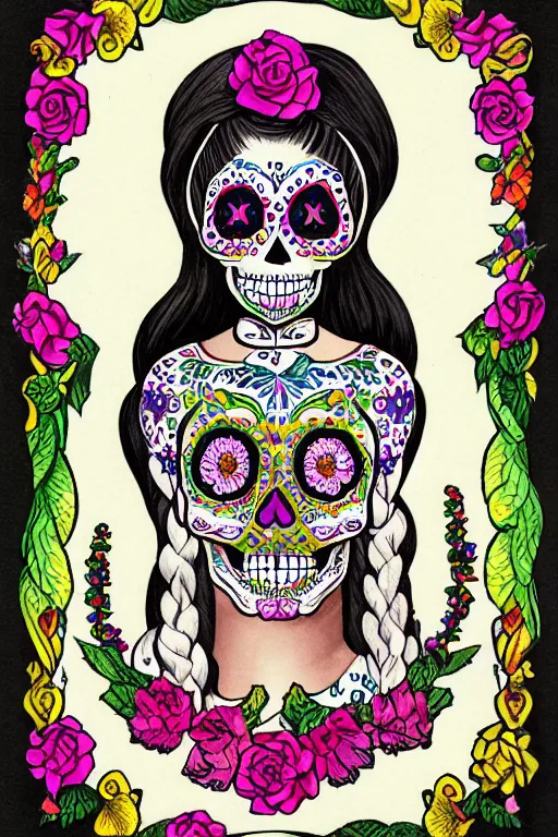 Prompt: Illustration of a sugar skull day of the dead girl, art by george stubbs