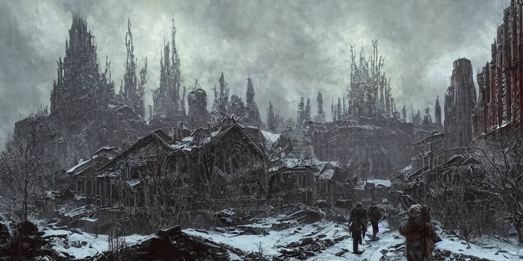 Prompt: An evil lair made from people as concept art for Metro Exodus, winter season, nuclear ash falling, flesh buildings, oil painting, painting by Viktor Vasnetsov, concept art, fantasy cityscape, brutalist architecture, painting by Ivan Shishkin and Alphonse Mucha, hyperborea, high resolution, trending on artstation,