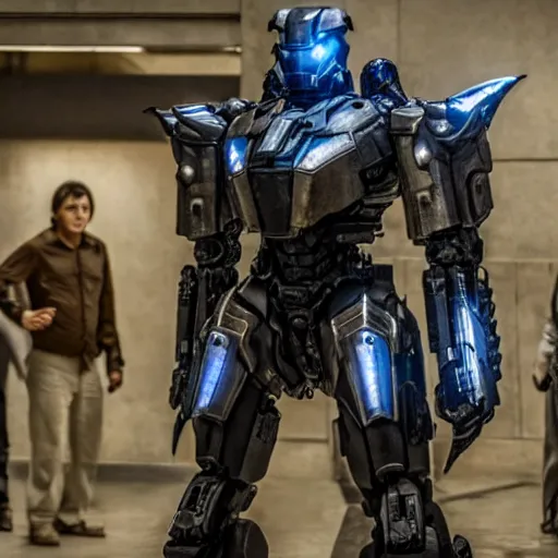 Image similar to cinematic still in westworld and real steel movie and pacific rim movie, one slim full body ornate armored core by fujioka kenki and by mamoru nagano, holding sci - fi rifle,