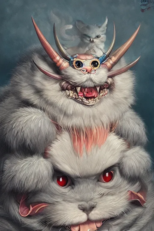 Image similar to a portrait of a cute japanese devil animal pet illustrated by miyazaki by karol bak, james jean, tom bagshaw, rococo, sharp focus, trending on artstation, cinematic lighting, hyper realism, octane render, 8 k, hyper detailed, vivid, ultra detailed, highly detailed