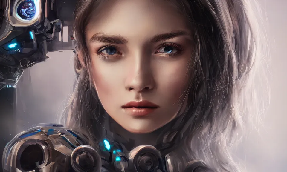 Image similar to portrait of beautiful girl with robot body, close up, portrait, cinematic, elegant, artstation, intricate, highly detailed, digital painting, artstation, concept art, sharp focus, illustration, cyberpunk, cgsociety, 8 k