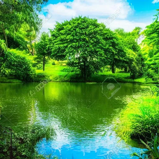 Prompt: a dreamy oasis with lush green plants and trees surrounding a beautiful small lake