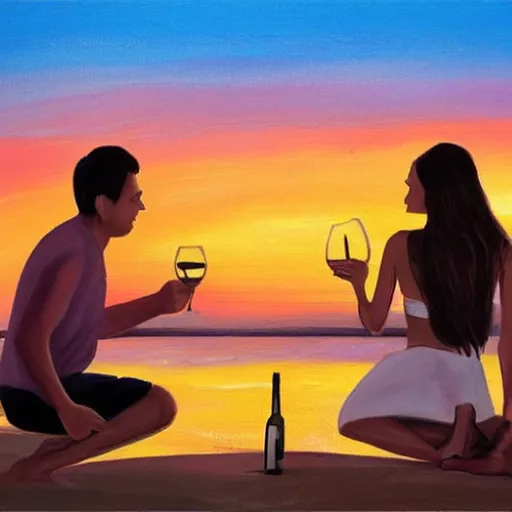 Image similar to one young man and one young woman drinking wine on a beach at sunset, beautiful colors, amazing landscape, painting