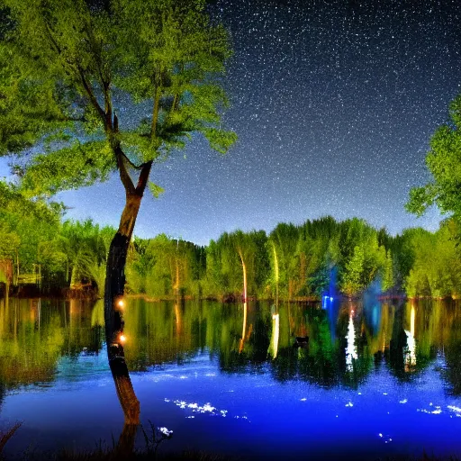 Prompt: lake, trees, night, blue fireflies,