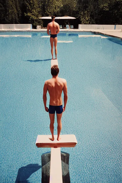 Image similar to mid distance photo of seth dusky standing on the diving board, 3 5 mm, highly detailed, color photo, cinematic lighting