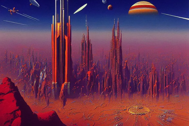 Image similar to cloisonnism painting of megacity 1 from judge dredd megacity 1 from judge dredd in no mans sky no mans sky | masterpiece moebius syd mead bekskinski