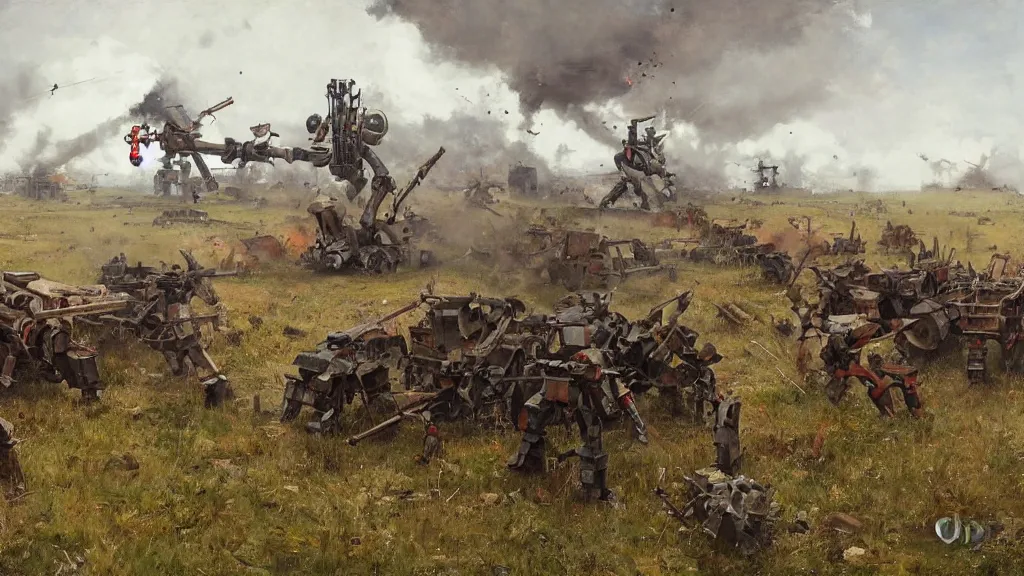 Image similar to 1920's battle in a farming village between bipedal mechs, painted by Jakub Rozalski