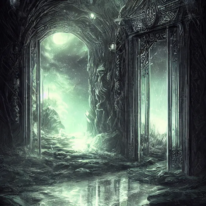 Image similar to ominous mysterious dark etherial gate to the midnight void, midnight lighting, quiet and serene atmosphere, deviantart, official art, concept art, intricate high detail masterpiece