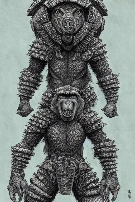 Image similar to armoured warrior baboon monster, symmetrical, highly detailed, digital art, plant themed armour, sharp focus, trending on art station, kentaro miura manga art style