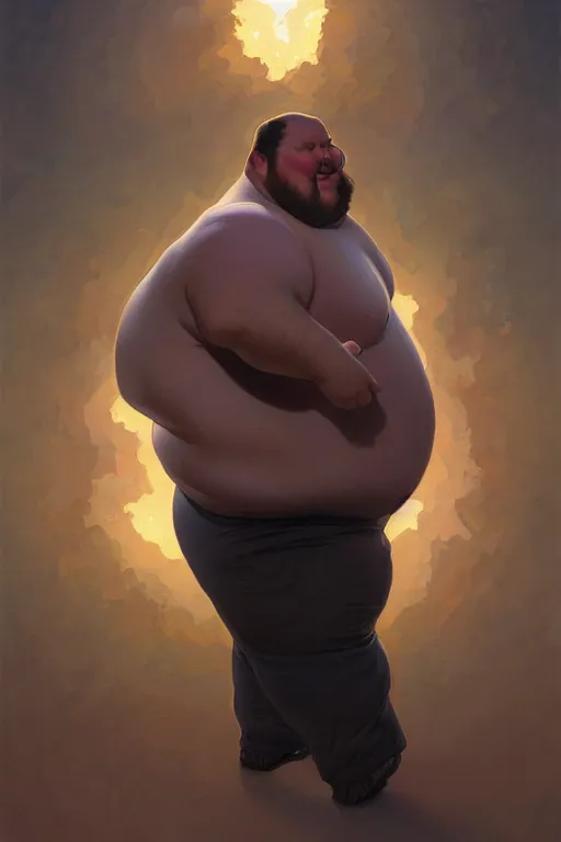 Image similar to an overweight man as a human cannonball, realistic painting, symmetrical, highly detailed, digital painting, artstation, concept art, smooth, sharp focus, illustration, cinematic lighting, art by artgerm and greg rutkowski and alphonse mucha