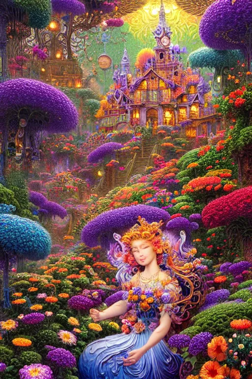 Prompt: intricate detailed Flower Garden Lisa Frank, james gurney,dan luvisi,Petros Afshar,tim hildebrandt,liam wong,Mark Riddick,thomas kinkade,ernst haeckel,dan mumford,trending on artstation,josephine wall, WLOP ,cgsociety by Gediminas Pranckevicius, trending on cgsociety and DeviantArt