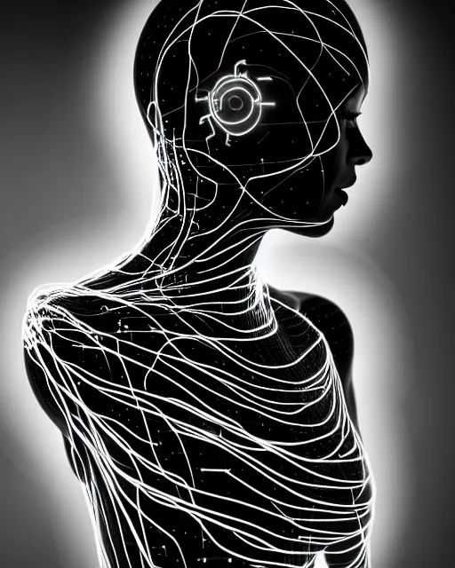 Image similar to black and white spiritual connected young female cyborg - plant goddess high quality photo, microchip, artificial intelligence, bio - mechanical bio - luminescence, black wired cables, neurons, nerve cells, cinematic, rim light, photo - realistic, elegant, high detail, 8 k, masterpiece, high fashion