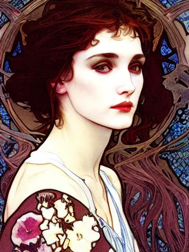 Image similar to a beautiful painting of young winona ryder by Alphonse Mucha and by Mark Brooks and by john william waterhouse and by arthur rackham, Art Nouveau, Neo-Gothic, gothic, award winning painting, hyperdetailed, detailed