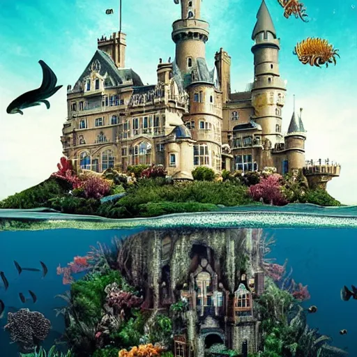 Prompt: a majestic view of a sprawling victorian castle submerged 1 0, 0 0 0 feet under the sea surrounded by octopii, starfish, seahorses, tropical fish