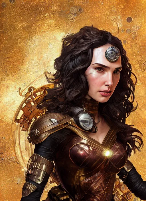 Image similar to steampunk portrait of gal gadot, hyper detailed, digital art, cinematic lighting, studio quality, smooth render, unreal engine 5, octane rendered, art style by klimt and nixeu and ian sprigger and wlop and krenz cushart.