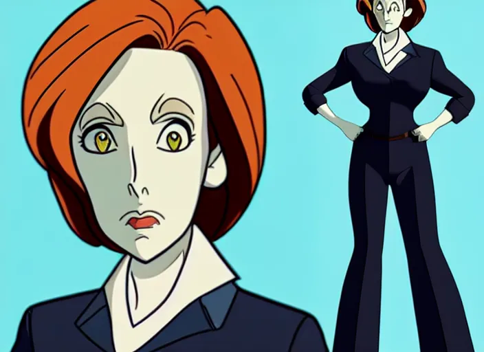 Image similar to a shaded animation cel of dana scully, sharp detail, thin linework, realistic anatomy, in the style of western cartoons, by don bluth, filmation, toei animation, studio trigger, studio ghibli, 5 k, artstation trending