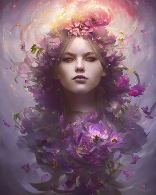 Prompt: Flower storm portrait, vortex of petals and radiant light, in the style of WLOP and tony sart