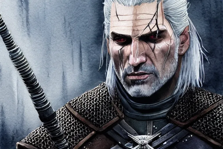 Image similar to a watercolour of Geralt from The Witcher by Josepth zbukvic